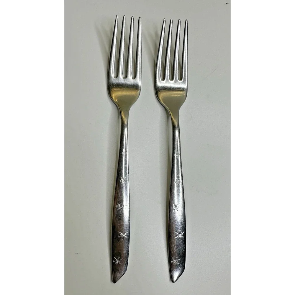 Wallace Star Crest Stainless Flatware Dinner Forks MCM VTG Set 2‎ Pc Replacement